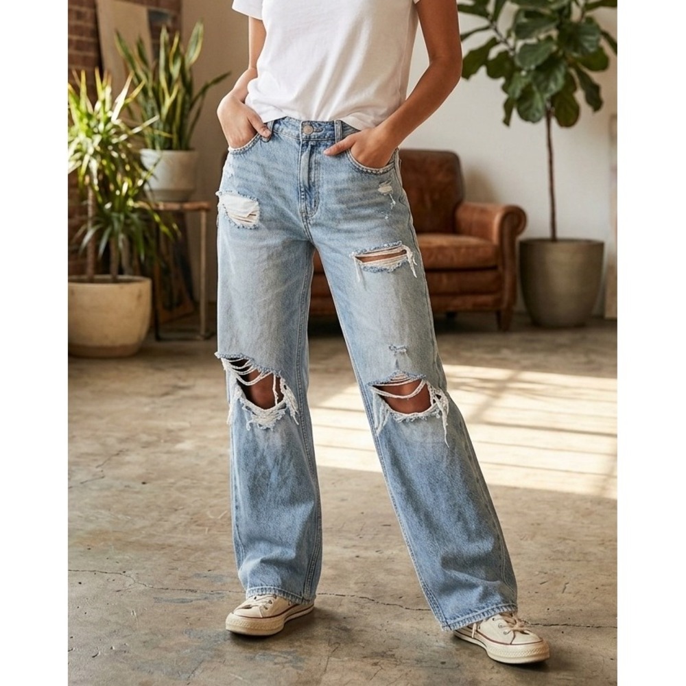 S.O.N.G. 90s Boyfriend Jeans Womens 3/26 Light Wash Distressed Grunge Streetwear